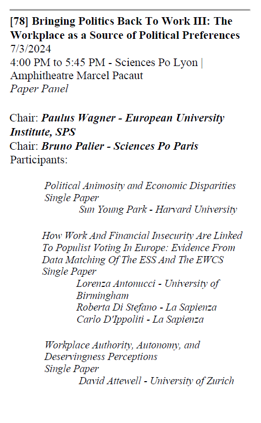 PaulusWagner's tweet photo. If you are at #CES2024 @CES_Europe and intrigued to join the discussion on how the changing organization of work has impacted democratic politics, drop by at our panel series "#BringingPoliticsBacktoWork" with @BPalier and an impressive set of papers by wonderful authors 👇 https://t.co/SjH4yMYhFz