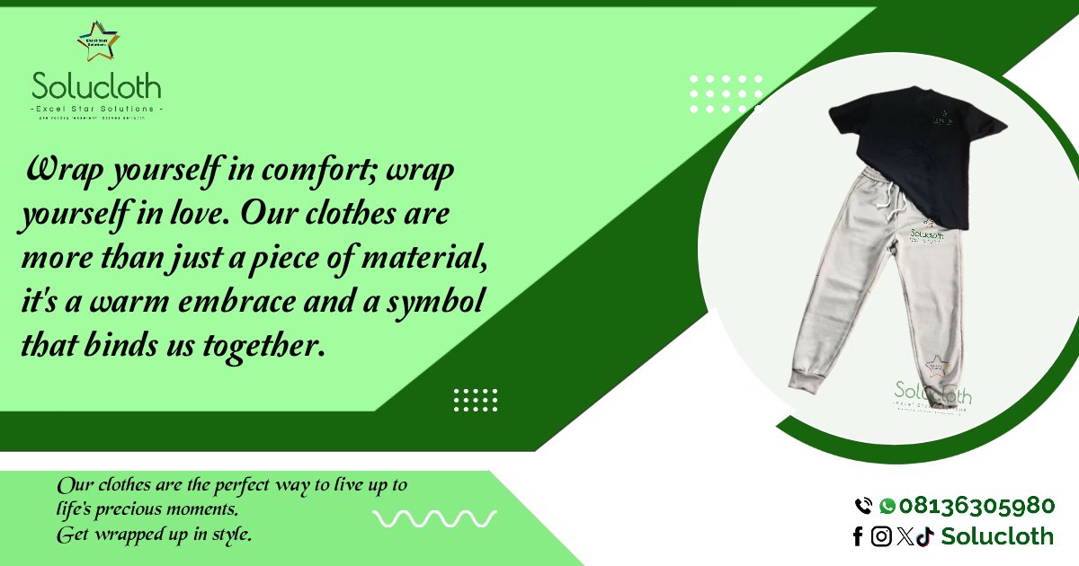 Solucloth's tweet photo. Wrap yourself in comfort; wrap yourself in love. Our clothes are more than just a piece of material, it’s a warm embrace and a symbol that binds us together.
Solucloth is the one-stop place for all your clothing needs.
#solucloth
#excelstarsolution https://t.co/zmZssTQcYx