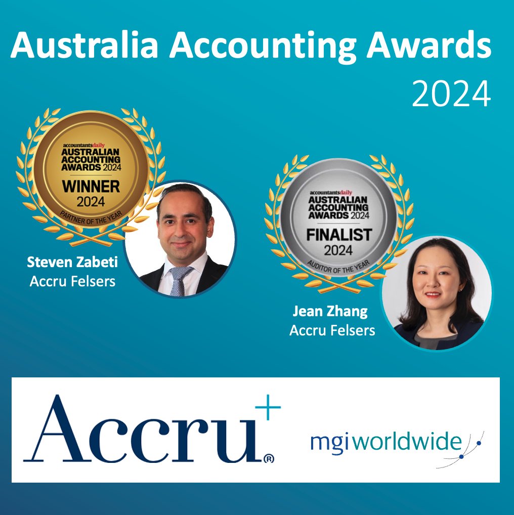 <a href="/MGIWorldwide/">MGI Worldwide</a> is thrilled to share that Jean Zhang and Steven Zabeti of <a href="/AccruFelsers/">Accru Felsers</a> have been announced as Finalists for "Auditor of the Year" and "Partner of the Year" respectively in the AccountantsDaily Australian Accounting Awards 2024. Congratulations from all at Accru! 👏