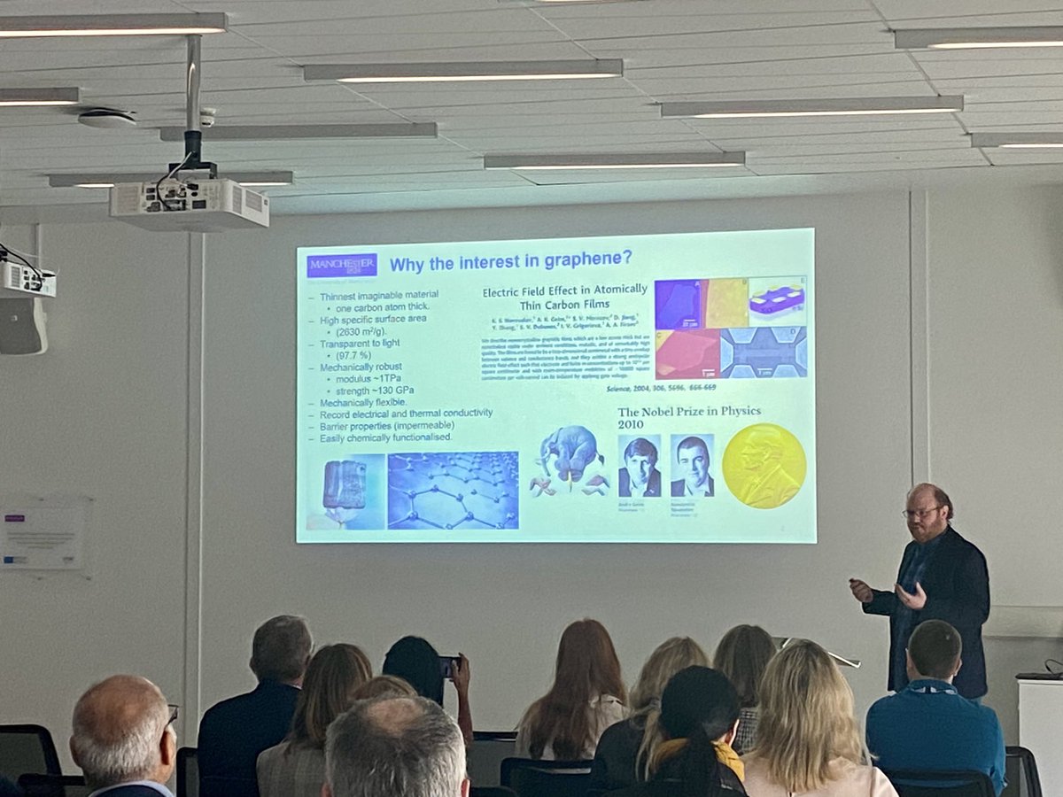 UoMGraphene's tweet photo. Kicking off the research talks today is @mabissett with an overview of #2Dmaterials in general, and nanomaterials for #energy storage &amp; #nanocomposites. #HomeOfGraphene #graphene https://t.co/zyMwvS4VfE