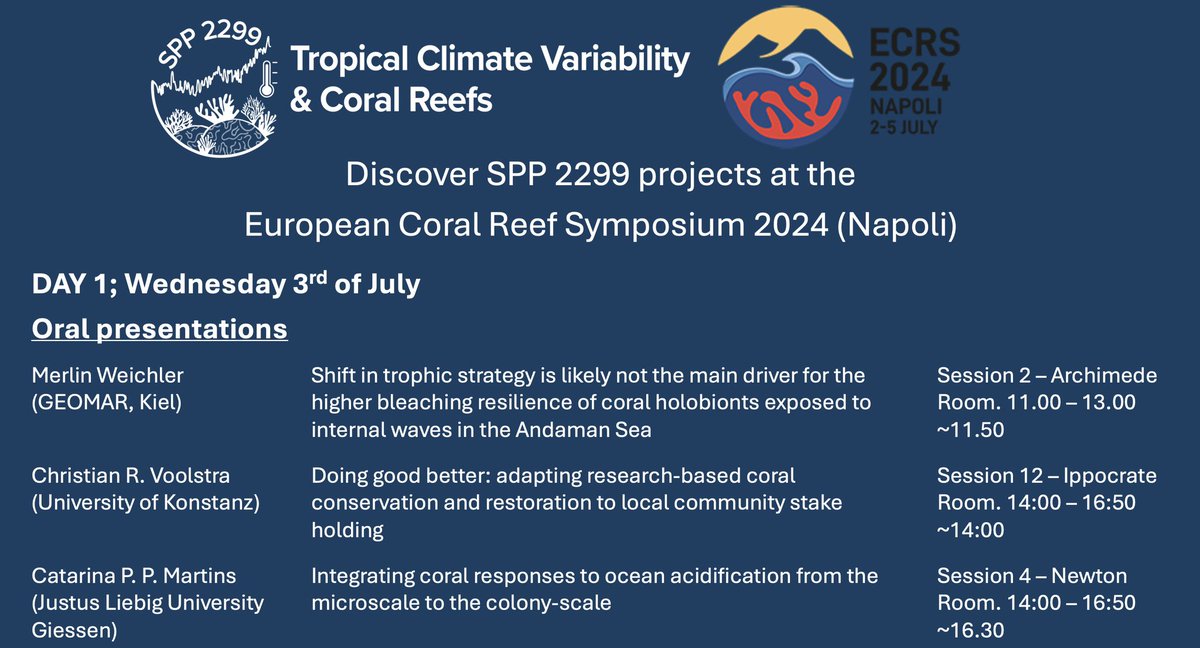 Curious about what the #spp2299 is up to at <a href="/Ecrs2024/">ECRS 2024</a>? You can come along to a number of talks today from SPP 2299 members! Highlights from <a href="/reefgenomics/">Christian R Voolstra</a> at <a href="/UniKonstanz/">Universität Konstanz</a>, Catarina Martins, and <a href="/MarineMerlin_/">Merlin Weichler</a> from <a href="/GEOMAR_de/">GEOMAR</a>

Stay tuned for posters coming up today!