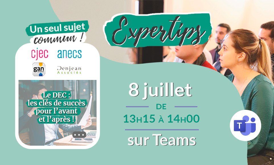 J-5 : #Expertips spécial #DEC le 8 juillet à 13h15!
interventions <a href="/DenjeanAssocies/">Thierry Denjean</a> <a href="/Gan_Assurances/">Gan Assurances</a> et <a href="/ANECSnational/">ANECS</a> <a href="/CJECnational/">CJEC</a> 
A vos Inscriptions : docs.google.com/forms/d/e/1FAI…
<a href="/AlexandreM012/">Alexandre Meschberger</a> <a href="/nicolaspoussy/">Nicolas Poussy</a> <a href="/ADscaramuzza/">Adrien Scaramuzza</a> <a href="/DahmaniWahib/">Dahmani wahib</a>