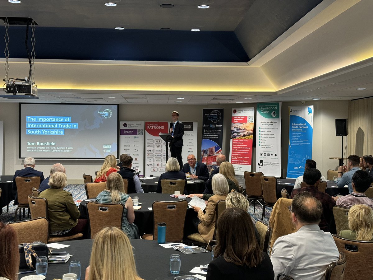 Tom Bousfield is up next at the International Trade Conference, as 
Director of Growth, Business and Skills of <a href="/SouthYorksMCA/">South Yorkshire Mayoral Combined Authority</a>, Tom is 
speaking to the 100+ strong crowd about the importance of 
international trade on the region of South Yorkshire and the impact 
it can have