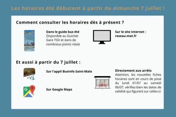 ☀️⛱️A partir du 7 juillet, c'est l'été sur le réseau MAT !
✅Retrouvez dès à présent tous les nouveaux horaires dans le guide bus et sur le site internet
📱🚏Et à partir du 7 juillet sur l'appli BusInfo Saint-Malo, sur Google Maps et directement aux arrêts