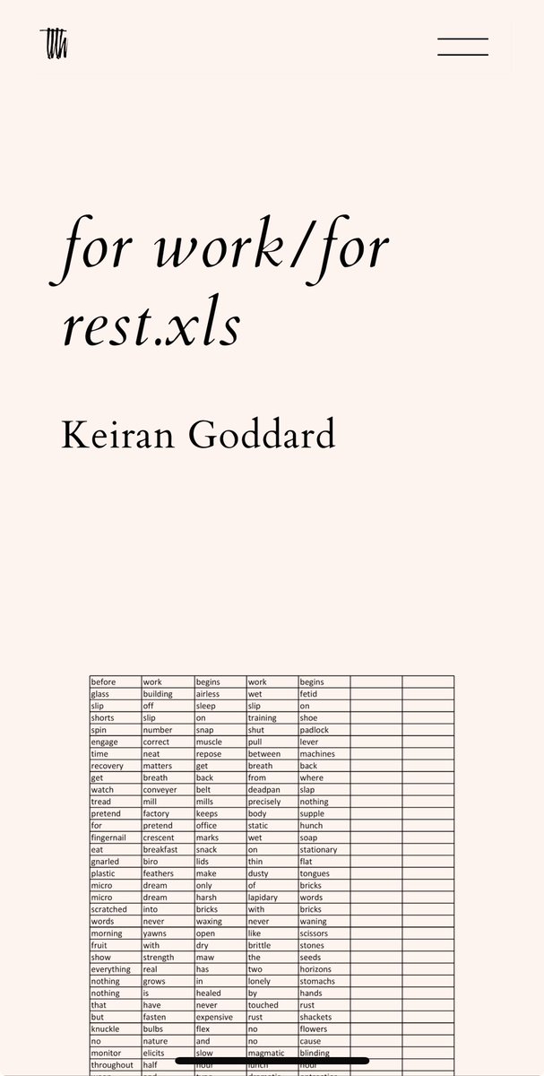 I have a poem about work in this issue 
 
Written in Microsoft Excel

5 cells a week, 47 weeks a year 

Read it here: tlth.co.uk/forworkforrest…