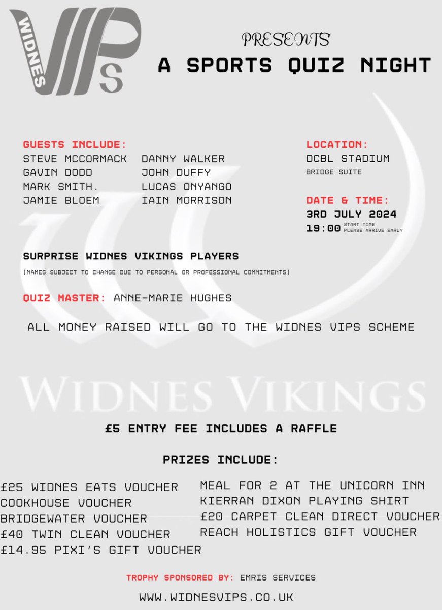 🎫 Tickets for <a href="/Widnesvips/">WidnesVIPS</a>  ‘Sports Quiz Night’ tonight are still available from the club shop in Widnes Market!

You can also pay on the door!

#COYV 🧪 #WeAreWidnes