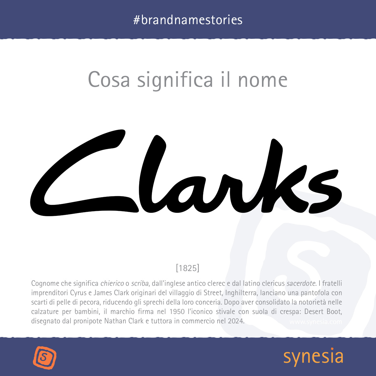 SynesiaNaming's tweet photo. #Clarks 𝐂𝐨𝐠𝐧𝐨𝐦𝐞 che significa 𝑐ℎ𝑖𝑒𝑟𝑖𝑐𝑜 o 𝑠𝑐𝑟𝑖𝑏𝑎, dall'inglese antico clerc e dal latino clericus, 𝑠𝑎𝑐𝑒𝑟𝑑𝑜𝑡𝑒.
𝐈 𝐟𝐫𝐚𝐭𝐞𝐥𝐥𝐢 𝐂𝐥𝐚𝐫𝐤 lanciano la prima calzatura nel 𝟏𝟖𝟐𝟓, una pantofola con scarti di pecora

#naming
#brandnaming
#branding https://t.co/yS4nz9GzWQ