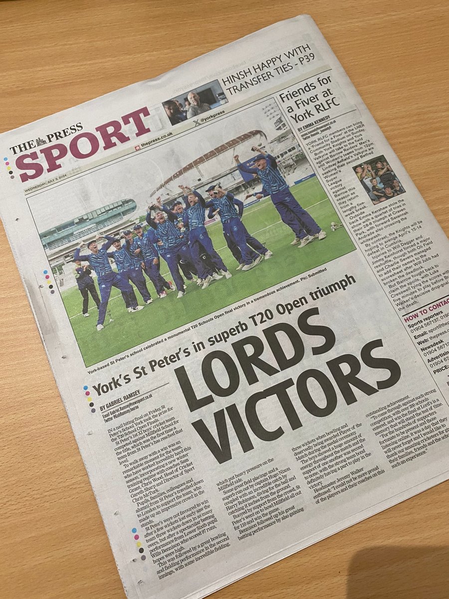 Our 1st XI cricket team are featured on the back page of today's York Press🏆🏏

Make sure to get a copy! 📰

#StPetersSport #StPetersCricket