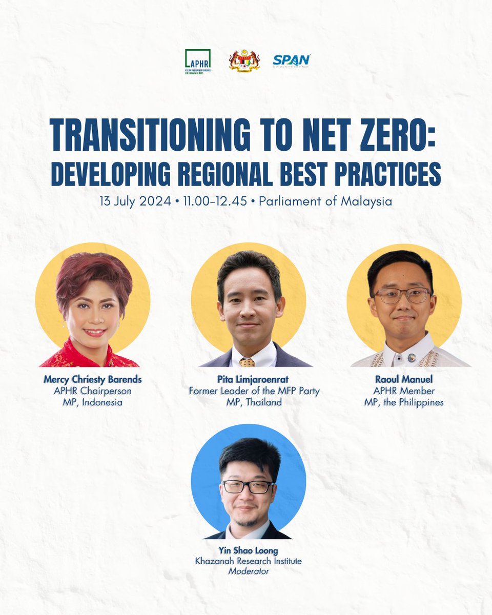 Panel  3 "Transitioning to Net Zero: Developing Regional Best Practices"
- Mercy Chriesty Barends <a href="/MCB_DPRRI/">Mercy Ch. Barends</a> 
- Pita Limjaroenrat <a href="/Pita_MFP/">Pita Limjaroenrat</a> 
- Raoul Danniel Abellar Manuel <a href="/iamRaoulManuel/">Raoul Manuel</a> 
- Yin Shao Loong (Moderator)