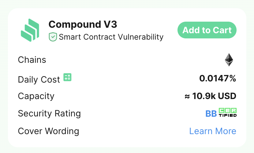 📢New capacity opened for <a href="/compoundfinance/">Compound Labs</a> V3 Smart Contract Cover！

🛡️At a low premium cost of 0.0147% per day, you can get your assets protected!

🛒Buy Cover here: app.insurace.io/coverage/buyco……

#DeFi #InsurAce #Crypto #compound