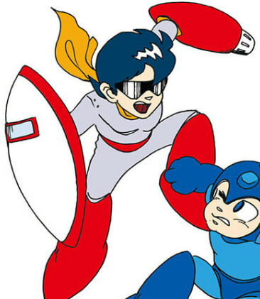 ブルースの戦闘時以外の姿を考えたとき、ロックマン3の取説、ロックマン3のTVCMの髪の毛つきブルースのイメージから膨らませてます  で、服装はどうするか ロックと同じような半袖、半ズボンの少年スタイルはキャラ的にも無しだろうと  色々こねくり回して漫画ではあの姿になりました