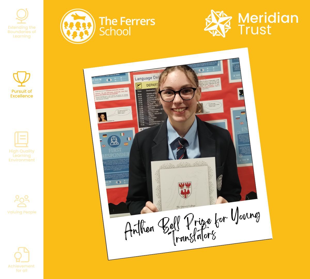 Meridian Trust (@meridiantrustuk) on Twitter photo Congratulations are in order for Rowan from <a href="/FerrersSchool/">The Ferrers School</a> π
Rowan received a Commendation Prize from @QueensCollegeOx at <a href="/UniofOxford/">University of Oxford</a> for excellent work in the Anthea Bell Prize for Young Translators β Spanish into English.
Well done Rowan!
#PursuitOfExcellence Congratulations are in order for Rowan from <a href="/FerrersSchool/">The Ferrers School</a> π
Rowan received a Commendation Prize from @QueensCollegeOx at <a href="/UniofOxford/">University of Oxford</a> for excellent work in the Anthea Bell Prize for Young Translators β Spanish into English.
Well done Rowan!
#PursuitOfExcellence