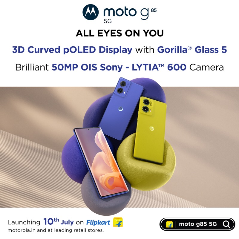 motorolaindia's tweet photo. #MotoG85 5G: 3D Curved pOLED 120Hz Display | 50MP Sony LYTIA - 600 Camera | Smart Connect - Launching 10th July on @Flipkart
