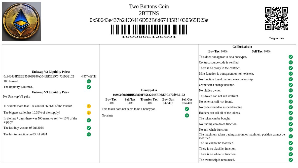 EtherChecker's tweet image. Check 512569

$2BTTNS Two Buttons Coin
0x50643e437b24C6416D52B6d67435B1030565D23e

Total Supply=222,222,222,222
Price=$0.000000140350071977
Total MarketCap=$31,189

Telegram=t.me/TwoButtonsCoin…
Twitter=@TwoButtonsCoin 
Website=2buttons.club

#DYOR