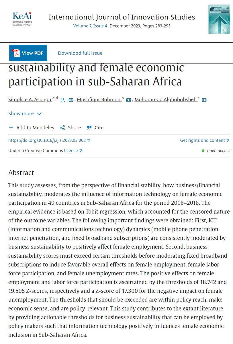 📰#NewArticle in 2023  

"Information technology, #business #sustainability and #female #economic participation in sub-Saharan Africa"  

By Simplice A. Asongu, Mushfiqur Rahman and Mohammad Alghababsheh

#informationtechnology  

Read more: sciencedirect.com/science/articl…