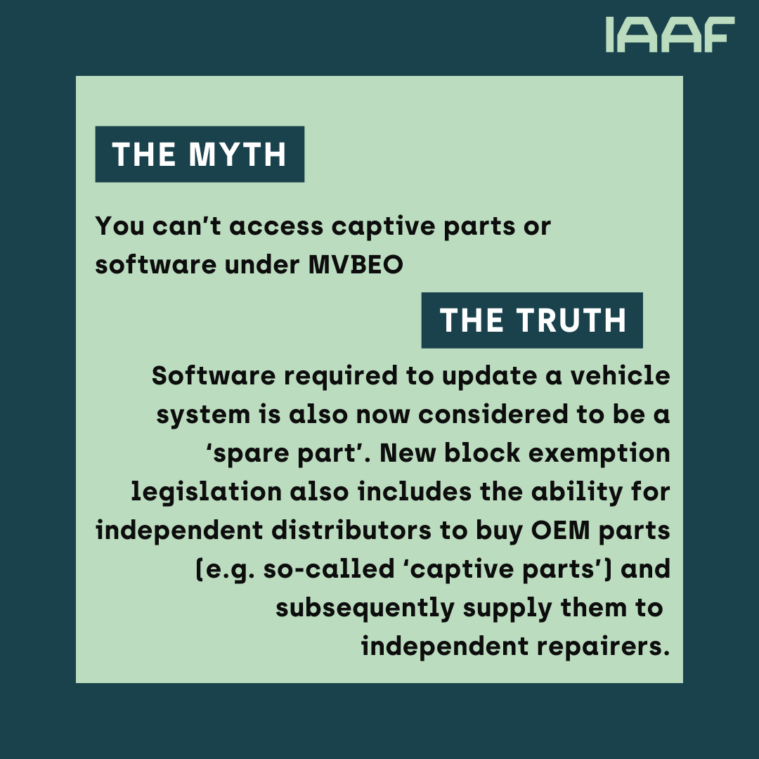 Under MVBEO, independent repairers can access necessary software and OEM parts, including those once considered 'captive.' 

Your car, your choice!

#IAAFMyths