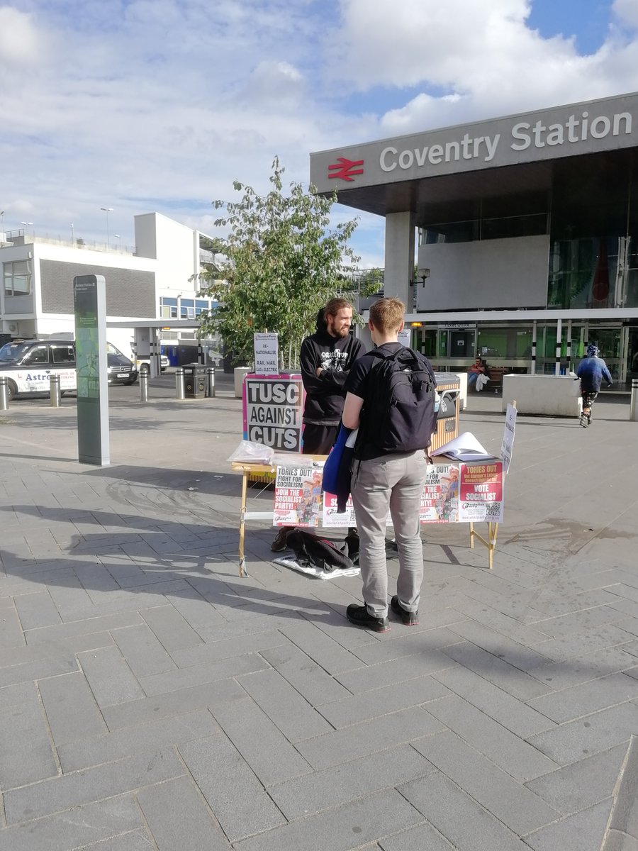 CovSocialists's tweet photo. Yesterday we had a good response to socialist ideas in the city centre and the train station.
We campaigned on scrapping parking charges at our hospital, nationalising transport, energy, and water, and for our socialist stand in the election with Dave Nellist for Coventry East ✊ https://t.co/AiGZi1aEOx