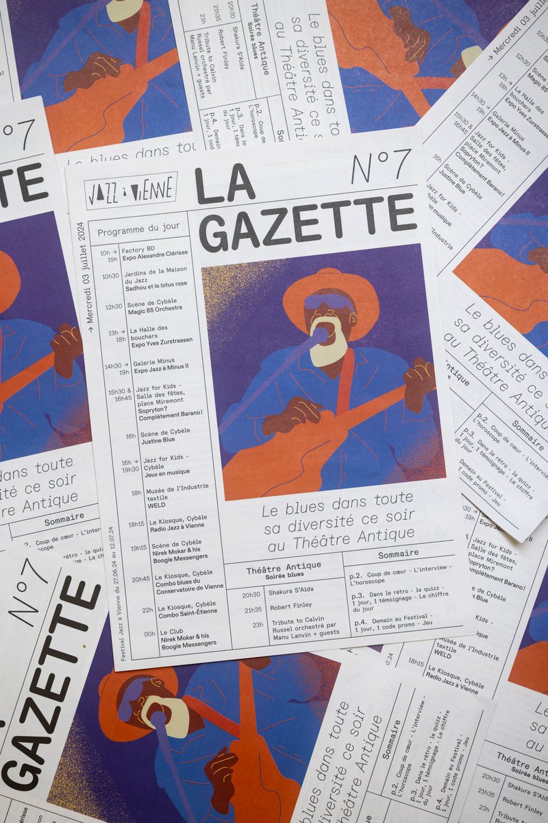 📰[GAZETTE  DU JOUR] // Gratuite et distribuée quotidiennement au Théâtre Antique et  à Cybèle, la gazette du festival est également accessible sur  l’application mobile Jazz à Vienne !