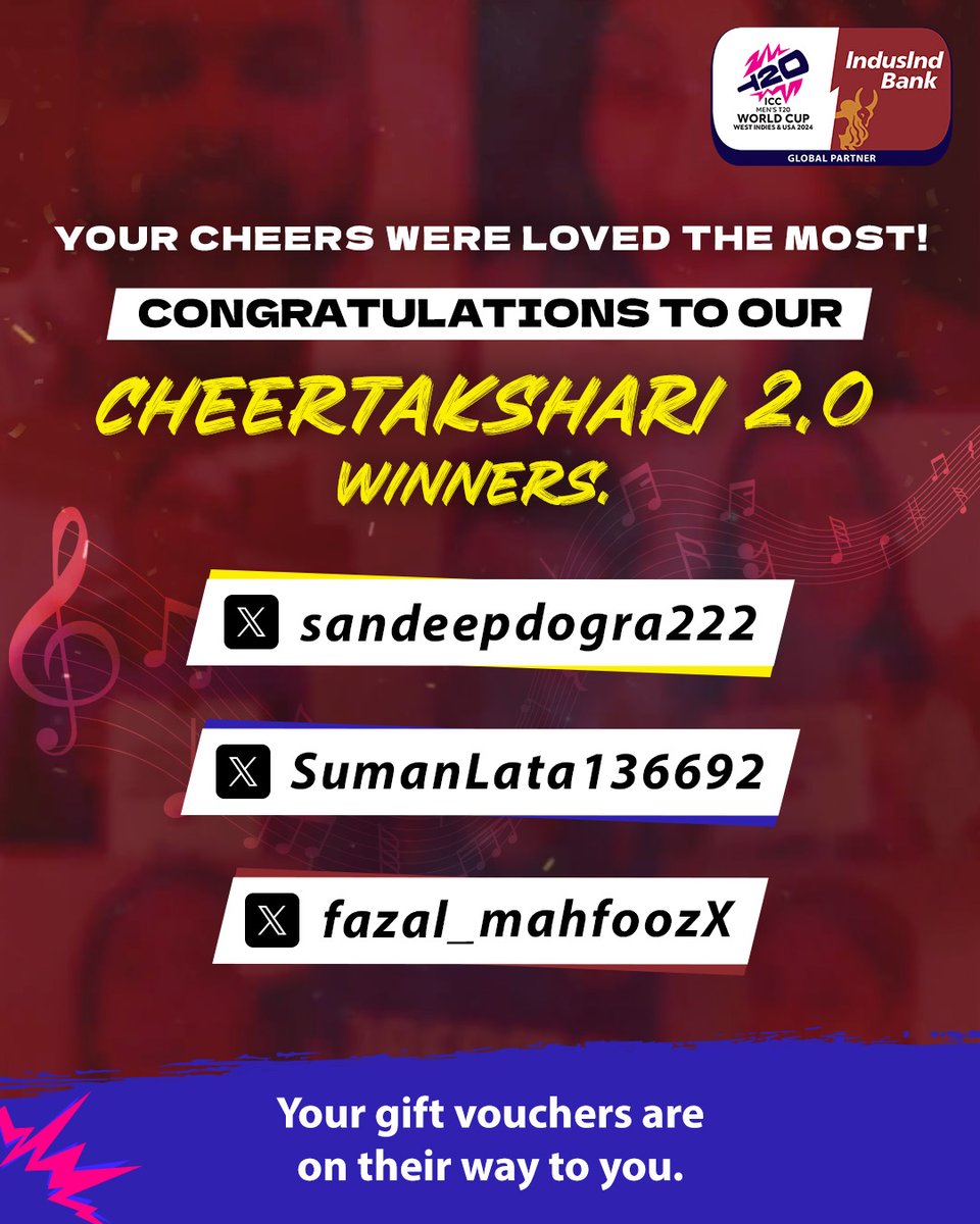 MyIndusIndBank's tweet photo. Cheers that touched the nation's heart!
Kudos to the CheerTakshari 2.0 contest winners.
Your non-stop cheering has won you gift vouchers worth ₹5000.
Thank you for participating.
#T20WorldCup #GoLimitless https://t.co/3R56R89DX2