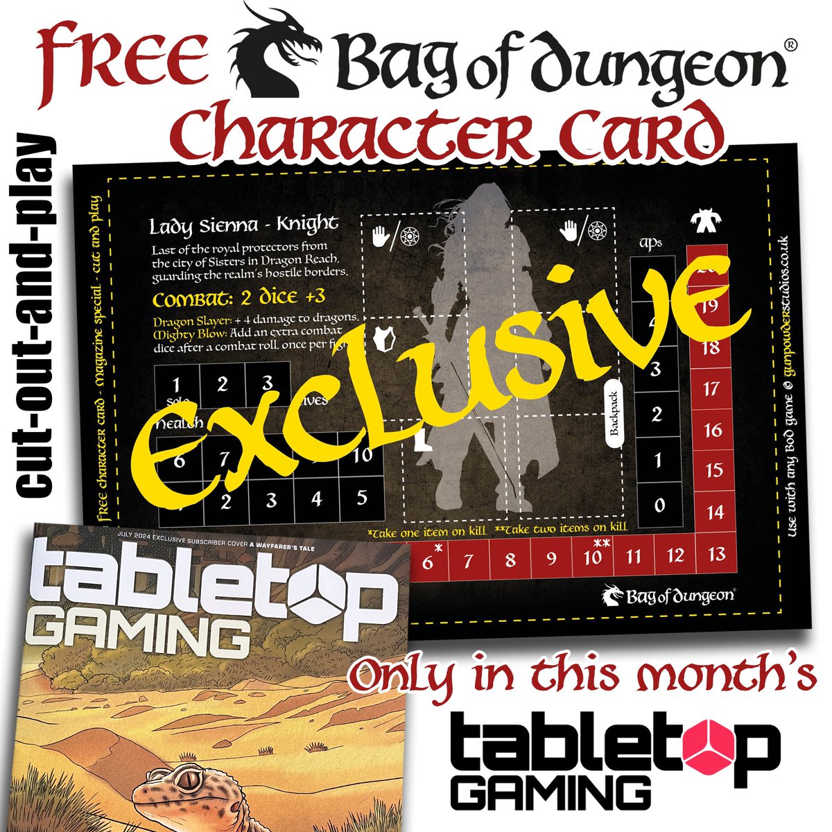 FREE #bagofdungeon CHARACTER CARD: Lady Sienna the Dragon Slayer Knight 🐉⚔️. Only and #exclusive to this month's (July Edition) <a href="/TabletopMag/">Tabletop Gaming Magazine🎲</a> 🏰. Cut out and play with any BOD game 🎲🃏. #boardgames #tabletopgames #rpg #free #dnd #ttrpg #gaming #bgg
pocketmags.com/tabletop-gamin…