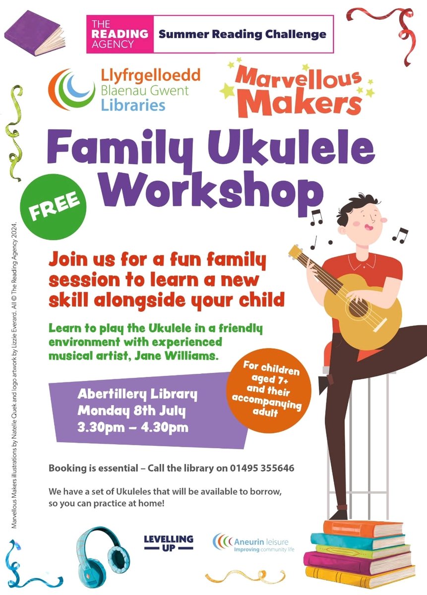 🎈There is still time to book onto the Ukulele Workshop at Abertillery Library 📚
Linked in with our Summer Reading Challenge which is Marvellous Makers, we invite you and you child to come in and learn something new! Booking is essential 📞
3.30 - 4.30pm
Monday 8th July