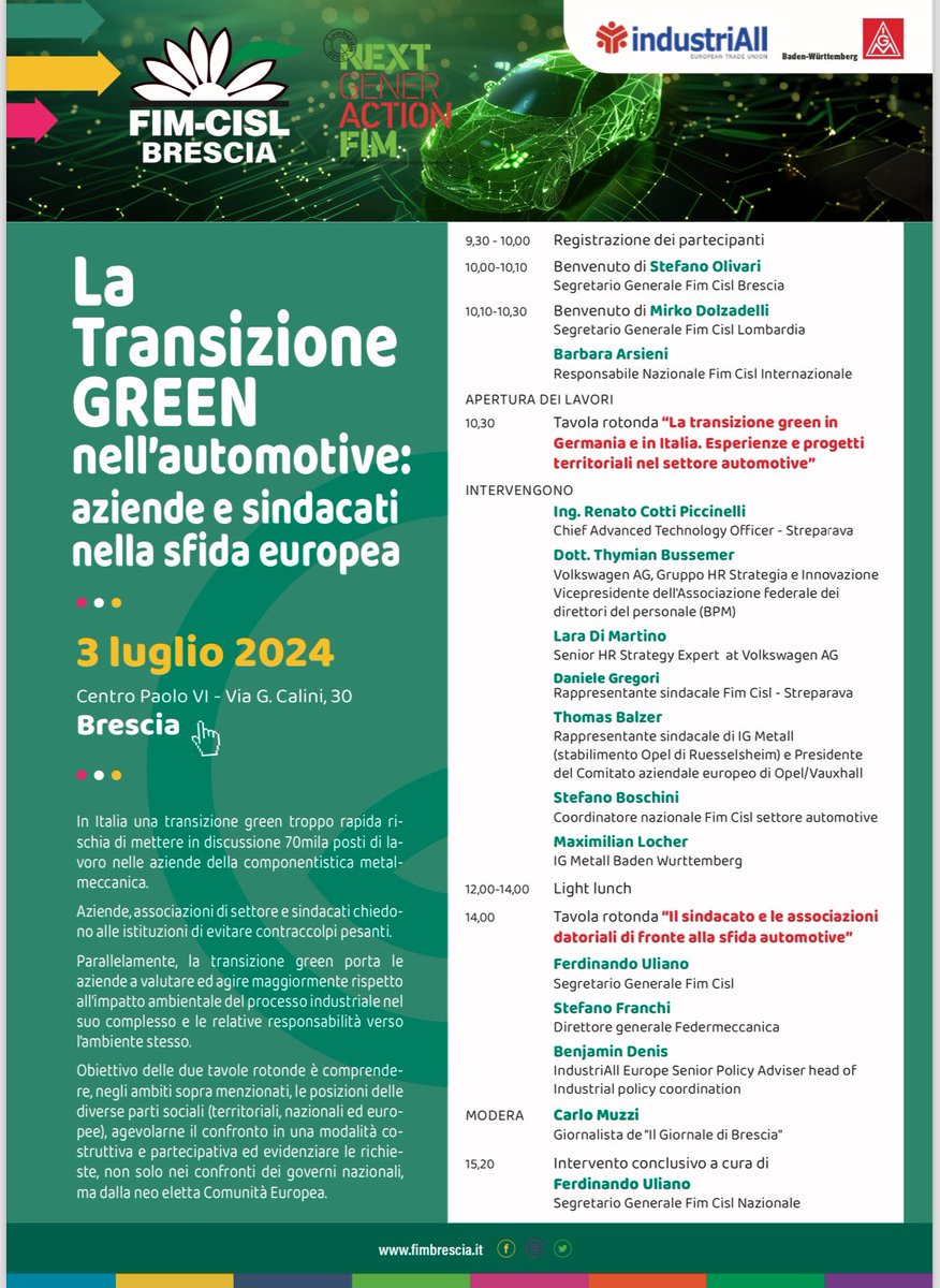 UnionFim's tweet photo. The #green transition in automotive: companies and trade unions in the #European challenge.Fim Brescia is organising two round tables to explore the role of tu in transitions. With the presence of Benjamin Denis of IndustriAll Europe and friends from #IG Metall #Baden Württemberg https://t.co/AlnpgiB3Kd