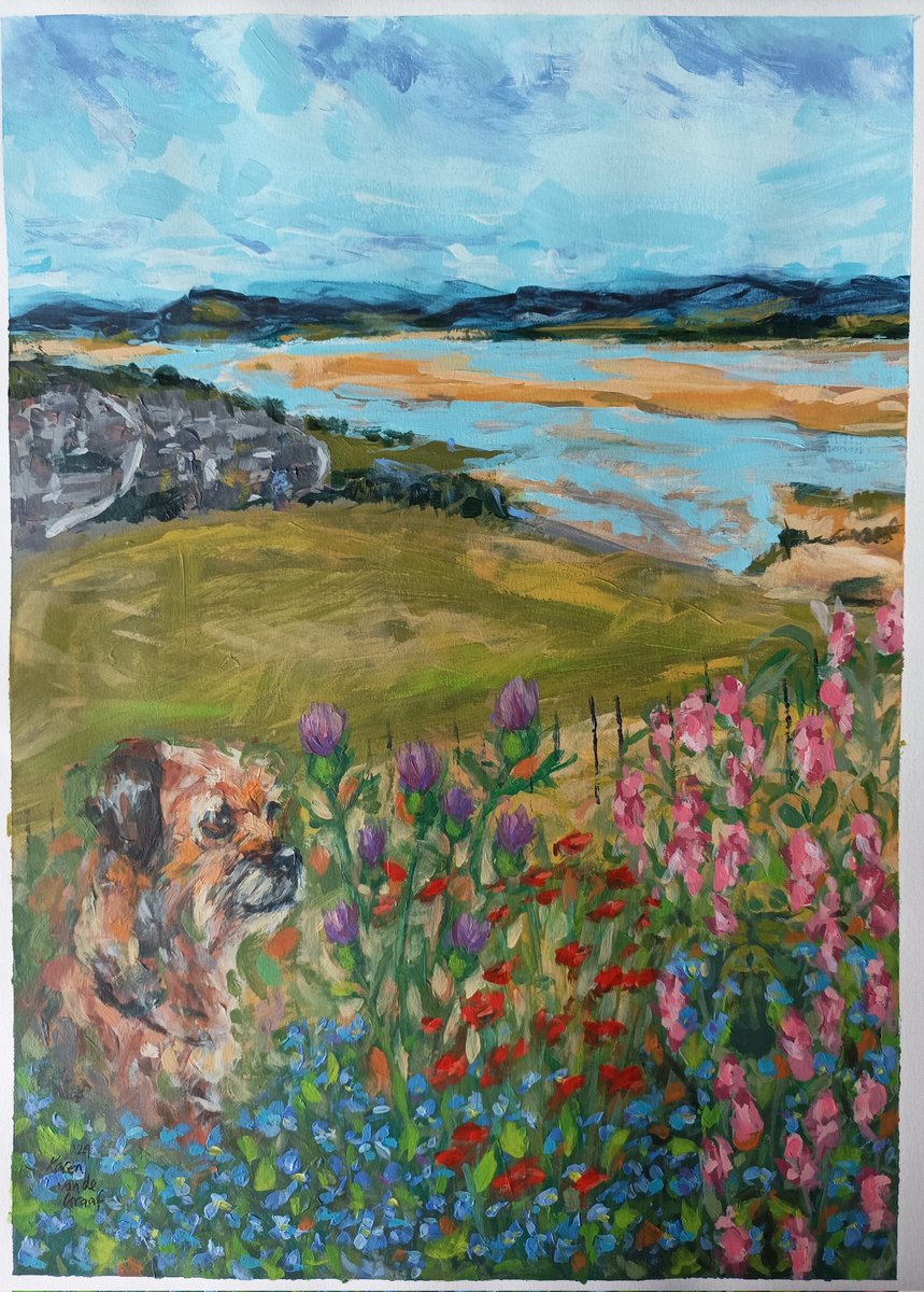 This was commissioned in memory of someone whose favourite flower was forget-me-not.  Three loved ones are represented here by their favourite flowers, and the forget-me-not touches each.  The faithful wee dog reminds us of ties that never break.

#faces #portraitoftheday