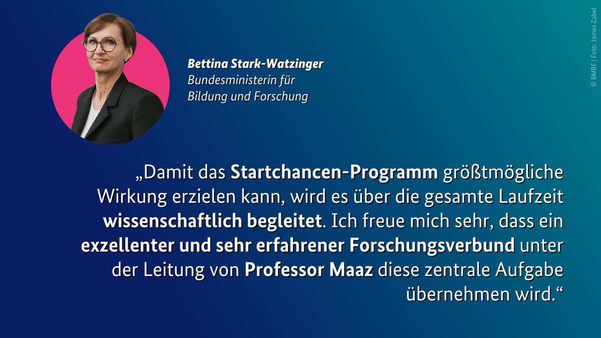 Wissenschaftliche Begleitung des #Startchancenprogramm|s: ✅! 
Wir folgen der Empfehlung eines unabhängigen Begutachtungsgremiums und haben einen exzellenten Forschungsverbund unter der Leitung von Prof. Dr. Kai Maaz ausgewählt. 
👉 bmbf.de/startchancenpr…