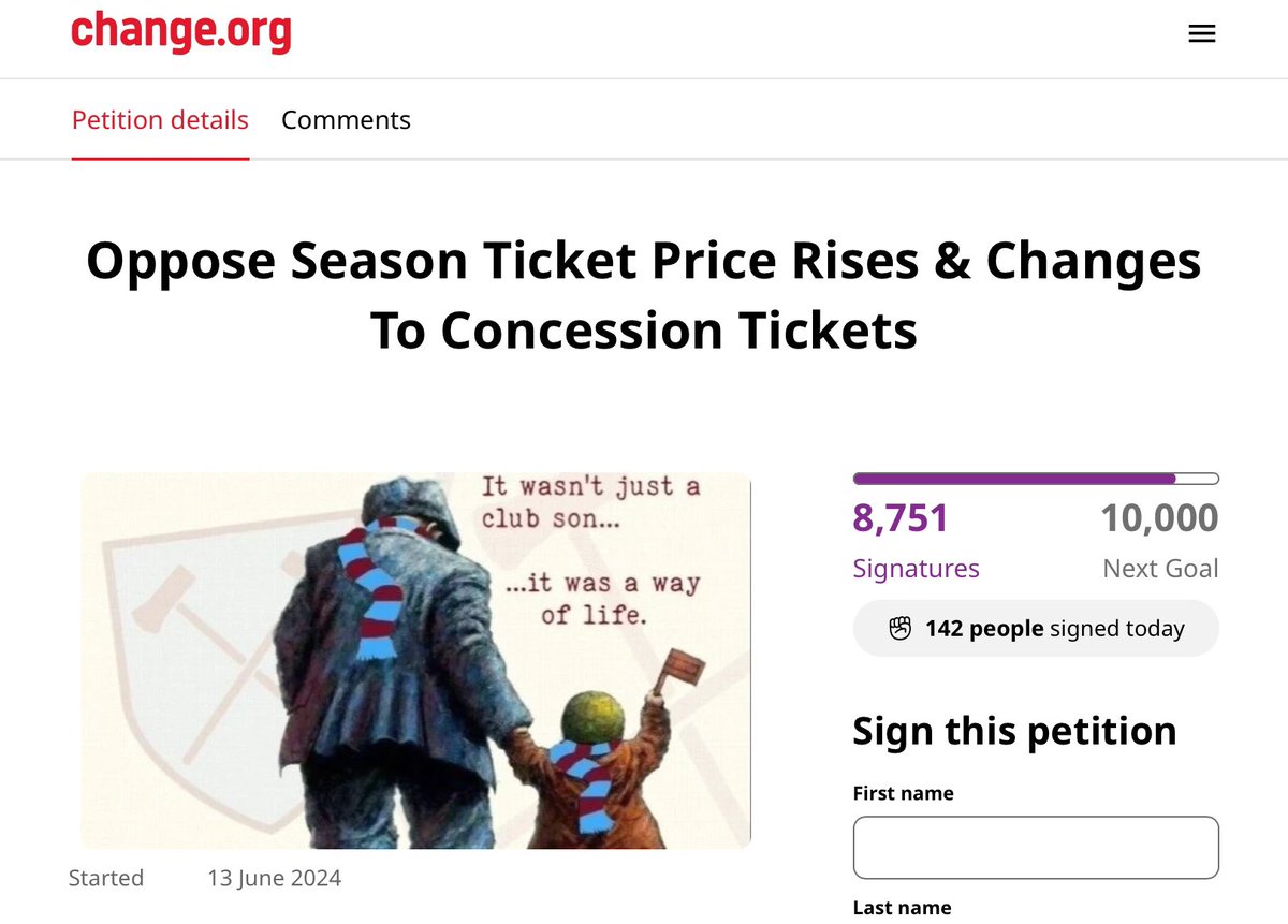 Today the Petition has had 8,751 signatures &amp; if you're one well done! The Club has somewhere in the region of 52,000 ST's yet the response is just 17%? The standard fan base is being eroded, don't think this won't happen to you, it will, if you don't sign now don't moan then ⚒