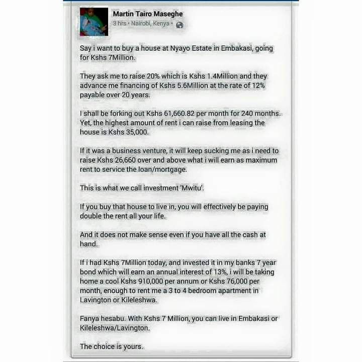 kahome_steve's tweet photo. Closing the debate on Mortgages and Home Ownership vs Renting.

Someone find this guy for me buana. https://t.co/g5zlcrQ0F8