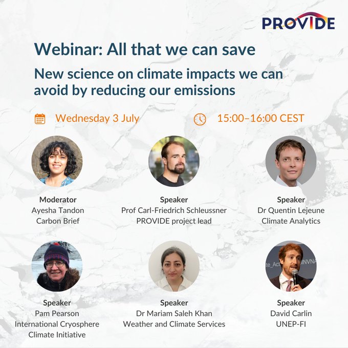 PROVIDE (@provide4climate) on Twitter photo Join our #PROVIDE webinar today 🖥️. Scientists will present new findings on future impacts of climate change we could avoid by reducing our emissions today.
Register👉 us06web.zoom.us/webinar/regist…
<a href="/CarlSchleussner/">Carl-Friedrich Schleussner</a>, <a href="/Q_Lejeune/">Quentin Lejeune</a>, <a href="/DavidCarlin7/">David Carlin</a>, <a href="/mariam_skhan/">Mariam S. Khan</a>, <a href="/CORDIS_EU/">EU Research Results</a> #climatechange Join our #PROVIDE webinar today 🖥️. Scientists will present new findings on future impacts of climate change we could avoid by reducing our emissions today.
Register👉 us06web.zoom.us/webinar/regist…
<a href="/CarlSchleussner/">Carl-Friedrich Schleussner</a>, <a href="/Q_Lejeune/">Quentin Lejeune</a>, <a href="/DavidCarlin7/">David Carlin</a>, <a href="/mariam_skhan/">Mariam S. Khan</a>, <a href="/CORDIS_EU/">EU Research Results</a> #climatechange