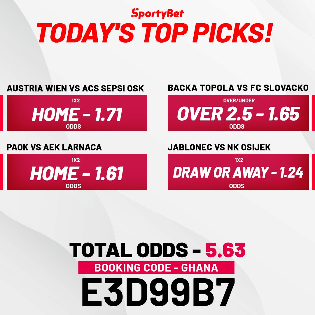 sportybetgh's tweet photo. Here we go #SportyPeople! ๐
Don't miss out on today's top picks!
Booking code: E3D99B7! ๐
5.63 total odds are waiting for you! Good luck! ๐โฝ๏ธ
๐๏ธ https://t.co/HWQyvVsH2a
#BetResponsible #SportyBet #WinningOpportunity https://t.co/9Oo3RNOJvc