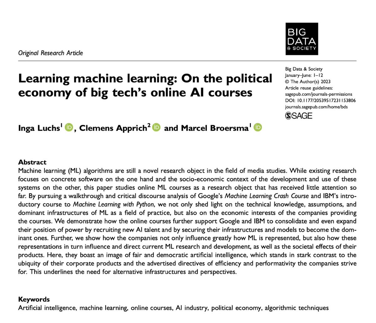 Big Data & Society (@bigdatasoc) on Twitter photo A fascinating paper by @lynxlynxly <a href="/MJBroersma/">mjbroersma.bsky.social</a> on online machine learning courses from Google and IBM and their impact on the field of practice. The study sheds light on technical knowledge, assumptions, and economic interests of these companies. buff.ly/3lwAw0y A fascinating paper by @lynxlynxly <a href="/MJBroersma/">mjbroersma.bsky.social</a> on online machine learning courses from Google and IBM and their impact on the field of practice. The study sheds light on technical knowledge, assumptions, and economic interests of these companies. buff.ly/3lwAw0y