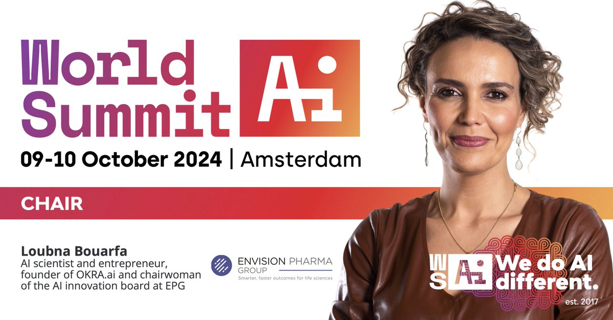 🏥 Accomplished machine learning scientist turned entrepreneur, <a href="/OKRATechAI/">OKRA Technologies</a> Founder <a href="/loubnabouarfa/">Dr. Loubna Bouarfa 💚</a>, joins as Chair of our #IntelligentHealth track for #WSAI24!

🎟️ ⇢ hubs.li/Q02Dp10V0
🗣️ ⇢ hubs.li/Q02Dn-0_0
🗓️ ⇢ hubs.li/Q02DnYVW0

#DoAIDifferent