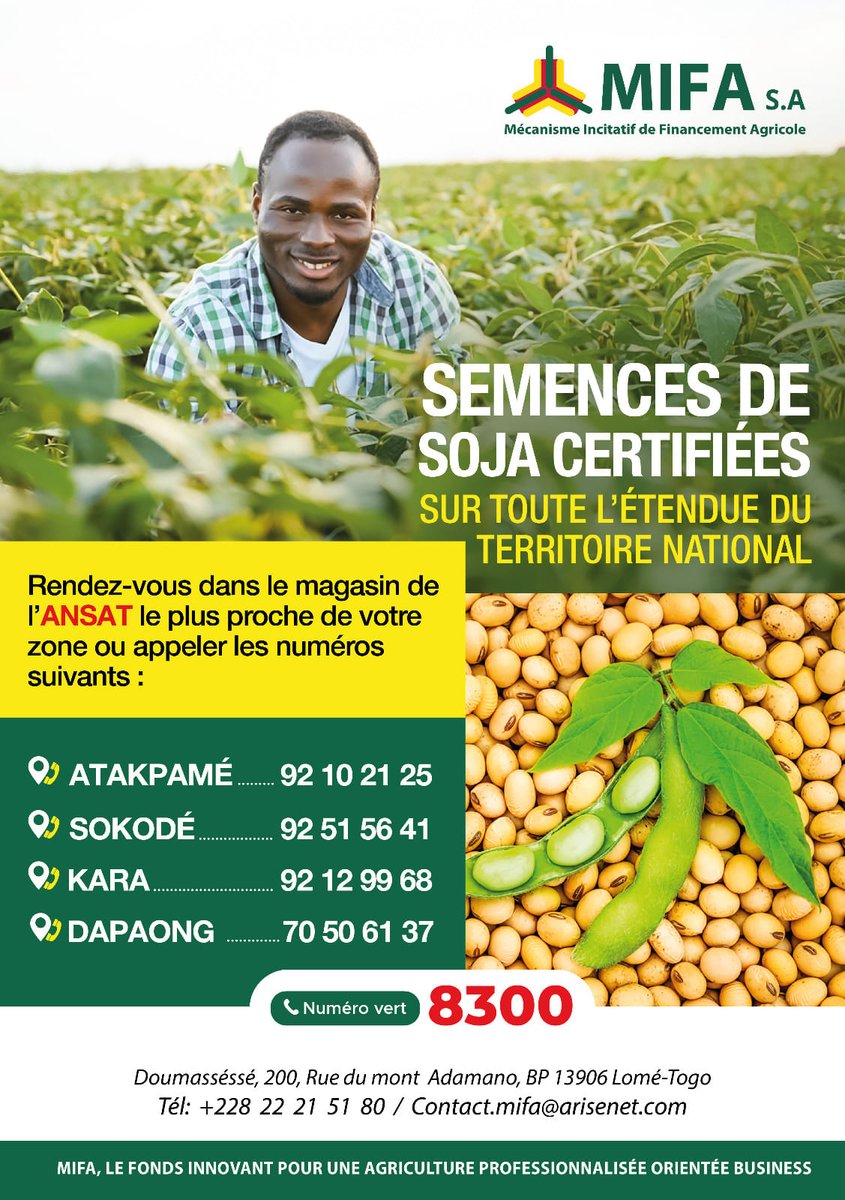 📢 SEMENCES CERTIFIEES DE SOJA DISPONIBLES!!!

🌱 🌱 La campagne agricole 2024-2025 s’annonce, chers producteurs de soja, soyez à l'abri des surprises de l'utilisation des semences de qualité douteuse !
<a href="/Mifatogo/">MIFA S.A Togo</a>

Voir l'affiche👇👇