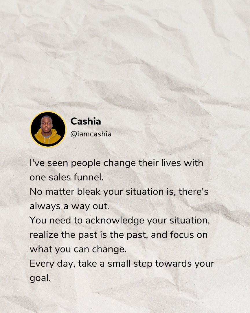 iamcashia's tweet image. Feeling stuck? Don&apos;t believe the hype - even a single sales funnel can spark a life-changing transformation!

Start small! Take a daily step towards your dream, and watch your momentum build.

#SalesFunnelSuccess #BreakthroughPossible #OneStepAtATime