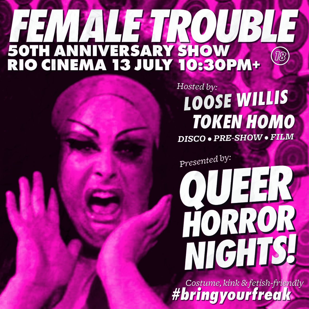 Join #QueerHorrorNights for the ultimate midnight movie experience, a 50th Anniversary screening of Divine &amp; John Waters' criminal masterpiece, FEMALE TROUBLE <a href="/riocinema/">Rio Cinema</a>, with hosts <a href="/kingloosewillis/">Loose</a> <a href="/TokenHomo/">TOKEN HOMO</a>!

🎟 Saturday 13 July 10:30pm to 2am [18+].
💅 riocinema.org.uk/movie/queer-ho…
