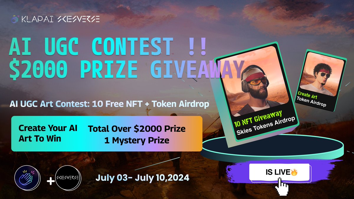 BitMetis's tweet image. KlapAI x @skies_verse  AI UGC Campaign! 
Win prizes valued over $2,000 🚀🌠 
Buckle up, the SkiesVerse beta launch is just around the corner in August! 
Let&apos;s create your art and win the prize！  

🎁 Prize Pool over $2,000+💥 
+ 10 Hero NFTs from SkiesVerse 
+ 1000 skies Token…