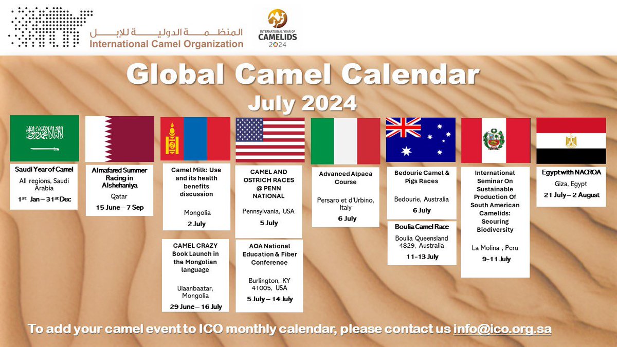 AlieedanA's tweet photo. Share your camel-related events with us! Let's add them to the Monthly Global Calendar 🐫🌍
 شاركونا فعاليات الإبل لنشاركها في الروزنامة الشهرية
العالمية
Partagez vos événements liés aux chameaux avec nous ! Faisons-les figurer dans le Calendrier Mondial mensuel.
#yearofcamelids https://t.co/XFECdyIJ4N