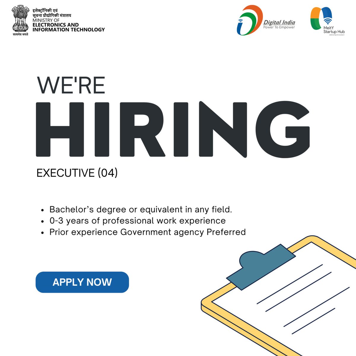 DigitalIndiaCrp's tweet photo. #VacancyCircular | MeitY Startup Hub is currently inviting applications for the position of Executive purely on a Contract/ Consolidated basis.
For further details, click here: https://t.co/y1OLkQaSBu https://t.co/bLxxWCESOC