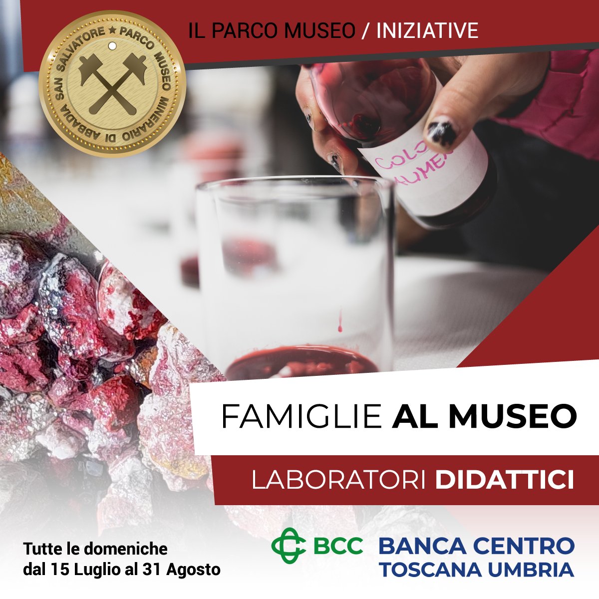 “Famiglie al #Museo” tutte le domeniche dal 15 luglio al 31 Agosto: laboratori didattici “La Fabbrica del Colore”, “Esploratori di Miniere”, “Impariamo a riconoscere i minerali”, “dal Mastro Cartaio”, “Le erbe officinali del Monte Amiata”: passeggiata e costruzione di un erbario.