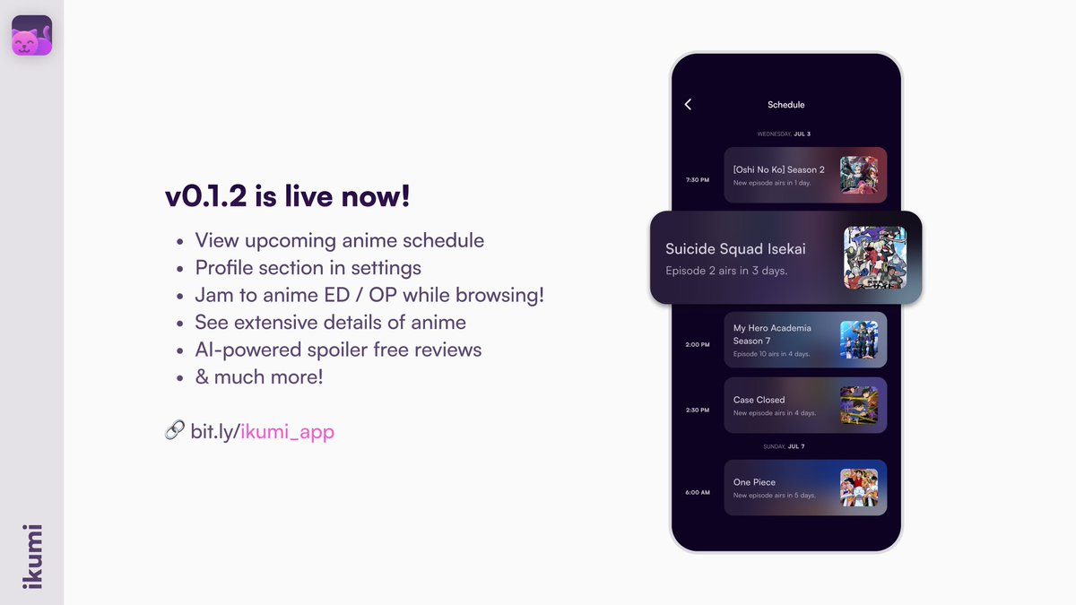 ikumi_app's tweet photo. 😸 Ikumi Beta (v0.1.2) is here! 

- See upcoming anime schedule and get notified when a new episode airs! 📡
- New profile card in settings! 🕺
- &amp; much more!

⬇️ - https://t.co/gk2HrgRNJk
📣 - https://t.co/Ft9tPhhy7K https://t.co/ZVKgiR63zW