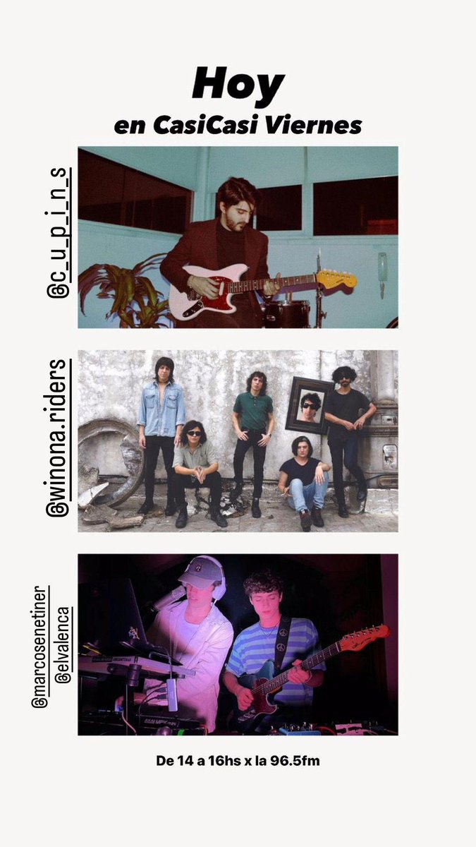 #Hoy de 14 a 16 por <a href="/RadioU96_5/">Radio U</a> 📻🎧

Hacemos la previa de <a href="/winona_riders/">WINONA RIDERS</a> en el cierre de temporada del #CicloFeliz  🎸

Recibimos a Cupins y toda su data 🎶

Escuchamos el crossover más esperado del oeste: <a href="/senetiner/">Marcö</a> y Valen Castro 🎛