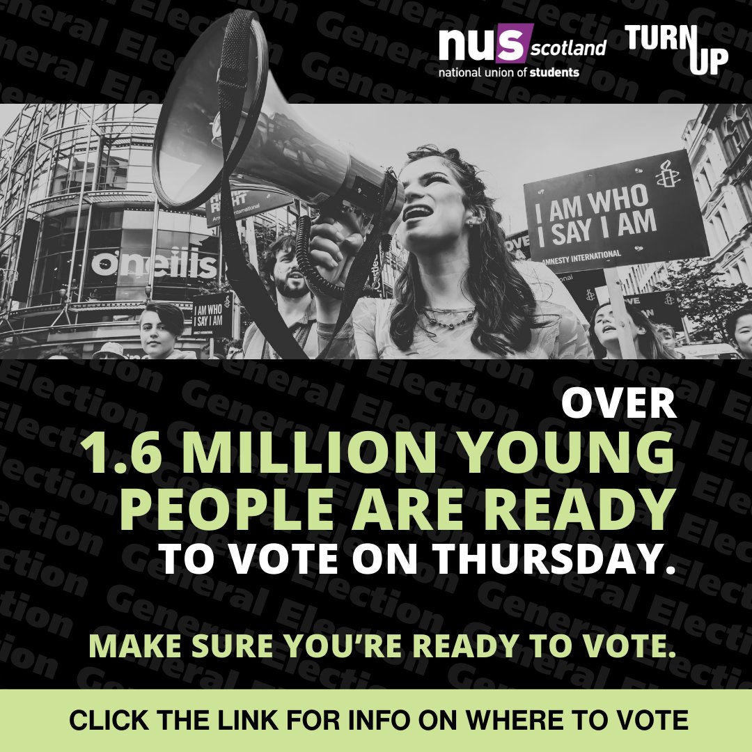 NUSScotland's tweet image. Over 1.6 million young people are ready to vote tomorrow Thursday 4 July.🗳️Make sure you're ready to vote. ✅

Tap the link to find your polling station 📌wheredoivote.co.uk 

And don't forget to bring your Voter ID or you will be turned away.🪪

#GE2024  #TurnUp