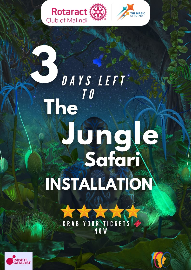 *3* Days to Go!*

🗓 *6th July*
🕕 *6pm to 10pm*
👗 *Jungle Safari*
🌍*Igniting Our African Spirit* 
💸  *Ksh 2,200pp*

Get ready for an evening of unforgettable fun.

 #Vibes! 🦁🐆 #SafariIkoSalamaNaSalama #JungleSafari
 #RotaractMalindi
