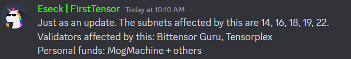 Osekbcn's tweet photo. What a dreamed situation for all those sidelined on $TAO

Curious how the "hack" was perfectly timed with the key support area $200 - $250 as @IamZeroIka pointed out in his post

Coincidence? Price manipulation to create a reversal from here?

Still confident $TAO will run to 4 digits at some point, imho.

I built my position around $40 - $50 last Sept-Oct and already took initials out in last run. Holding a decent free staked bag, so no reason for me to risk again and make my entry point worse. Specially if I'm earning free $TAO as a @firsttensor delegator.

But, for those sidelined, this is sweet spot to start building your positions here little by little.

And just a quick update on the hack status. Keep calm, your funds are safu.