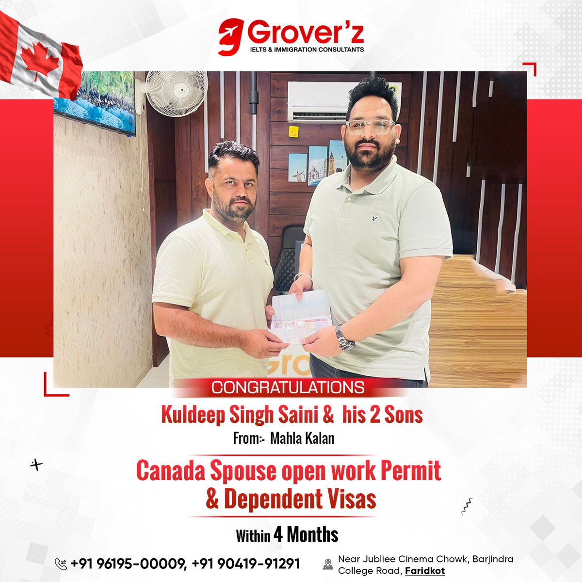 groverz_ielts's tweet image. Kuldeep Singh Saini and his two sons got their Canada Spouse Open Work Permit and Dependent Visas approved with the help of our expert guidance!🍁

Dreaming of joining your loved ones in Canada? Contact us now!
#GroverzIeltsImmigration #Canada #SpouseOpenWorkPermit #DependentVisa