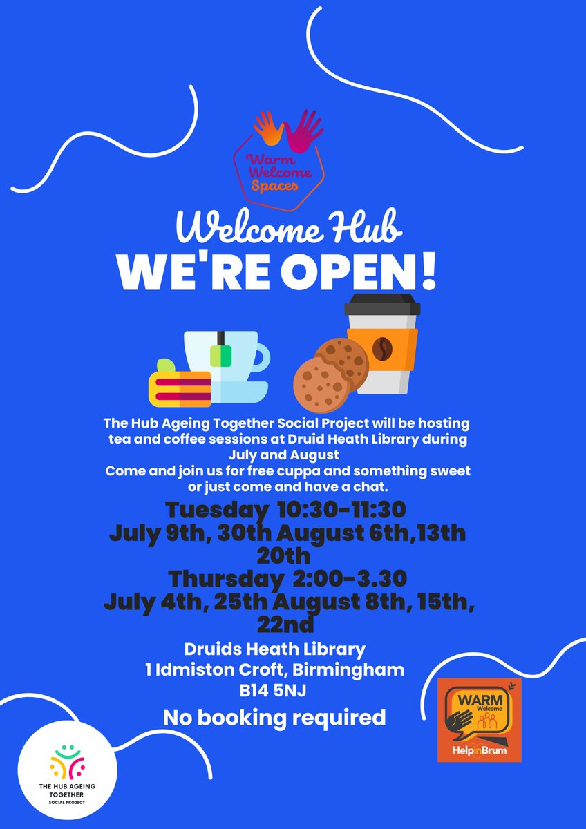 Just to let you know we will be offering a free tea and coffee meet up at Druids Heath library. All refreshments, will be provided.
Come and join us on Thursday 4th July. 
All further dates are listed below.