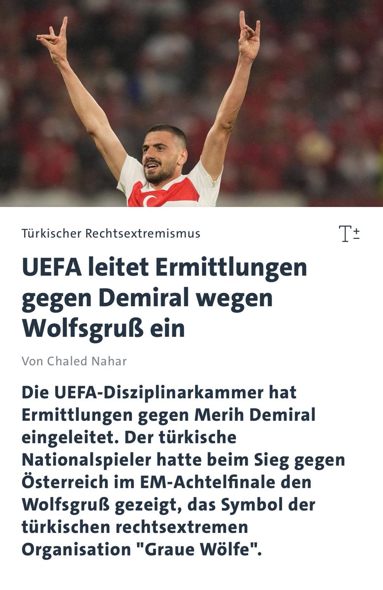 Steffen Rülke (@opp_sprecher) on Twitter photo Sport ist keine Plattform für Rassismus.
Die <a href="/EURO2024DE/">UEFA Nations League DE</a> steht für ein friedliches Miteinander in Europa.
Rechtsextreme Zeichen wie der #Wolfsgruß haben da rein gar nichts zu suchen.
Sie sind mit den Werten des Sports - Respekt, FairPlay, Teamgeist - absolut unvereinbar. Sport ist keine Plattform für Rassismus.
Die <a href="/EURO2024DE/">UEFA Nations League DE</a> steht für ein friedliches Miteinander in Europa.
Rechtsextreme Zeichen wie der #Wolfsgruß haben da rein gar nichts zu suchen.
Sie sind mit den Werten des Sports - Respekt, FairPlay, Teamgeist - absolut unvereinbar.