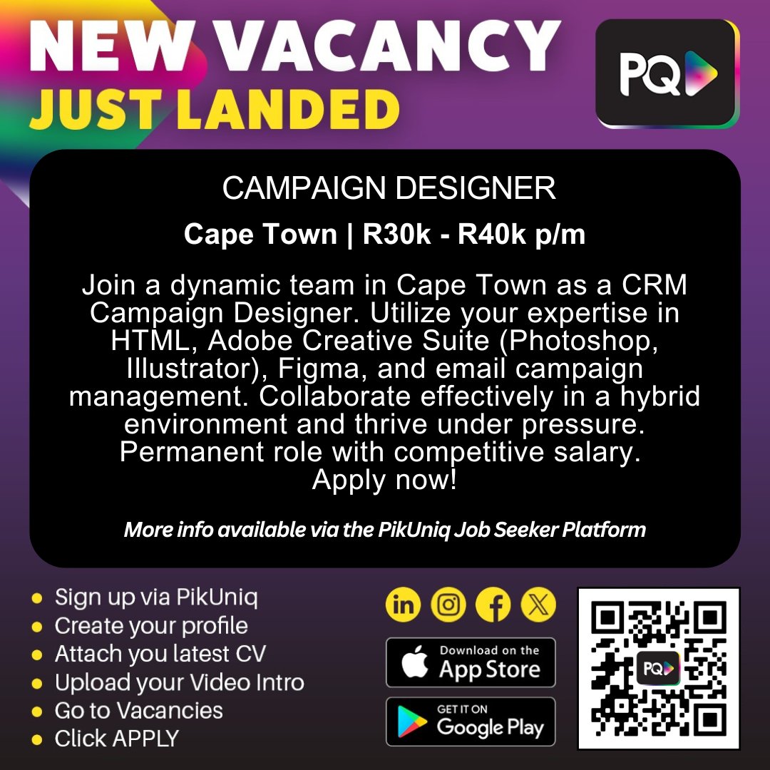 PikUniq's tweet image. 📢 New Vacancy Alert: #CampaignDesigner

Explore this exciting job opportunity on the @PikUniq Job Seeker Platform: qrco.de/bdPFvn

Access @PikUniq anywhere, anytime, on mobile and desktop.

Don&apos;t miss out – apply today  🙏 Share this post 

#pikuniq #jobseekersSA